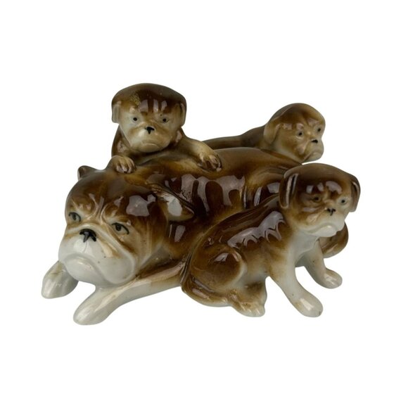Vintage Ceramic Bulldog & Puppies Figure Brown Dogs Flaw Chipped Ear Home Decor - Picture 1 of 12